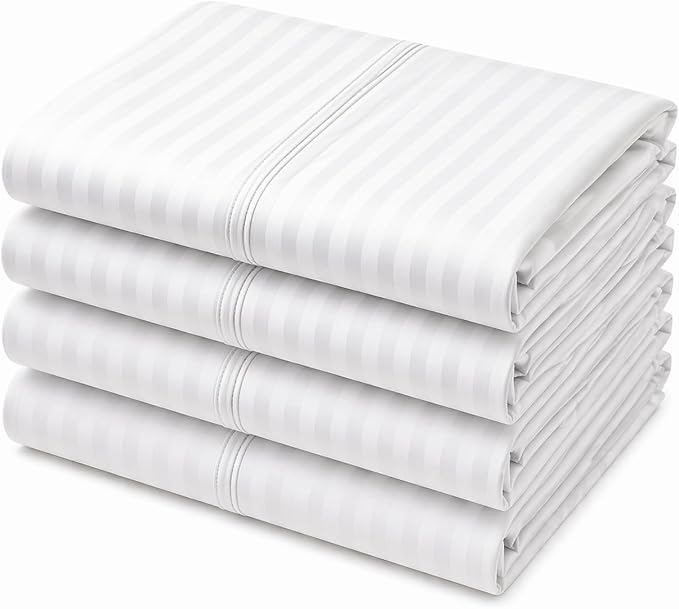 Mattress-Homes Hotel Quality Premium Pillowcases King Size Set of 4 Cotton Pillows for Sleeping, Smooth & Silky Cozy Breathable Bed Pillow Covers Machine Washable in White Stripe