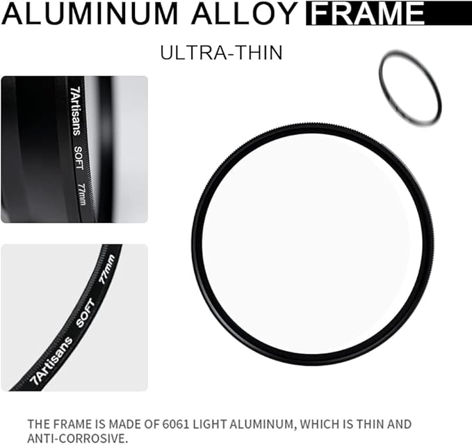 7artisans Soft Focus Filter 1/4 Aluminum Alloy Natural Soft Diffuser Effect Dream Cinematic Effect Soft Focus Optical Glass Filter (82mm)