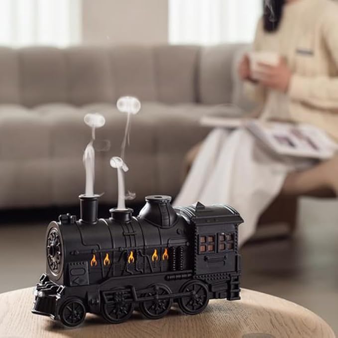 300ml Retro Steam Train Essential Oil Diffuser and Cool Mist Humidifier with Quiet Operation Auto Shut-Off Adjustable Ambient Lights Dual Spray Modes for Home Bedroom Office (Silver)