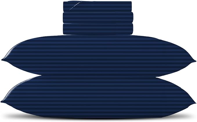 TEXAS LINEN CO. Egyptian Cotton Split King Sheet Set - Texan Talkin' Damask 600 Series 5 PC Sheets for Adjustable Bed (Navy Blue Stripe), Extra Long Staple Sheets, Luxury 16" Deep Pocket Bedsheet