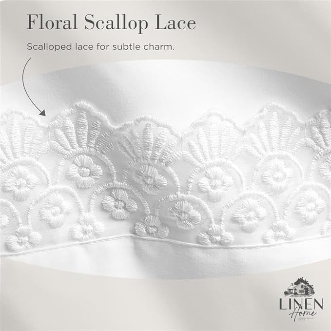 Linen Home 100% Cotton Percale Floral Scallop Lace Pillowcases King Size, White, 2 Pieces of Pillow Case, Crisp and Cool Strong Bed Linen, 20 inches X 40 inches