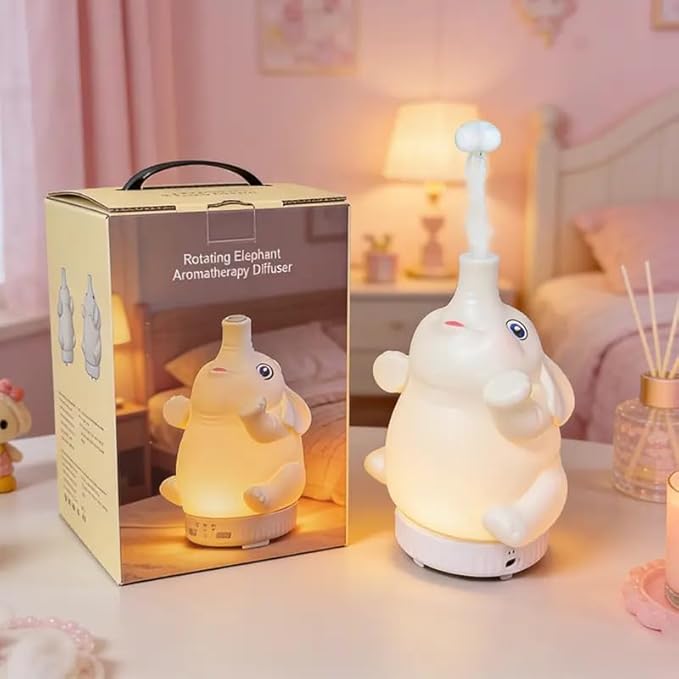 Morbou Rotating Elephant Diffuser with Color Gradient Light, Ultrasonic Silent Essential Oil Diffuser for Home Bedroom and Office, Cute Decorative Humidifier with Remote Control