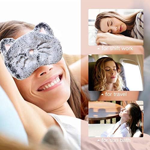 Shinywear Cute Rabbit Sleeping Eye Mask Plush Blindfold Travel Sleep Masks Super Soft Funny Eye Cover for Kids Girls and Adult (Black Grey cat)