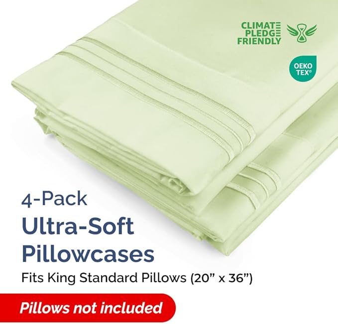 King Standard Pillow Cases Set of 4 - Soft Hotel Quality Pillowcase Covers - Comfy Bedding for Women, Men, Kids & Teens - Machine Washable Pillow Protectors - 4 Piece - King Standard Light Sage Green