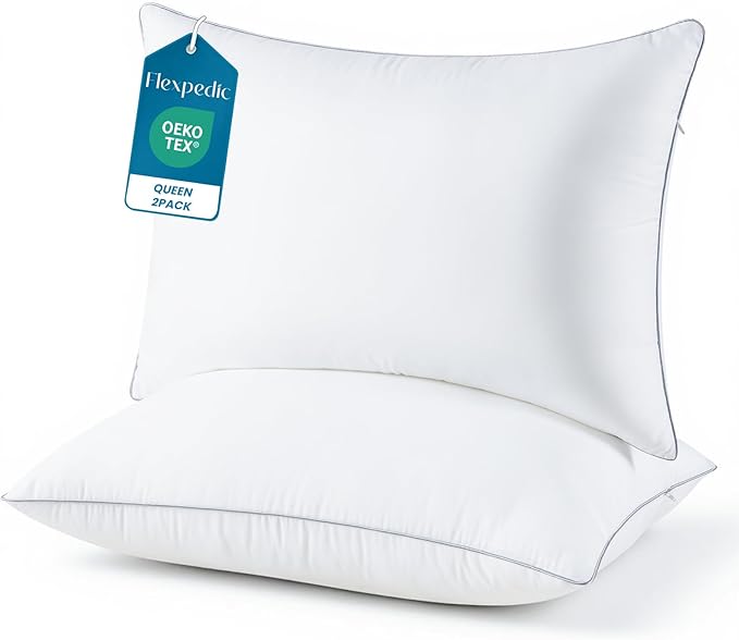 FP FLEXPEDIC Adjustable Bed Pillows for Sleeping - Pillows Queen Szie Set of 2, Soft & Fluffy Down Alternative Fill, Zippered Hotel Quality Pillows with Gray Piping, 110GSM Premium Cover, CertiPUR-US