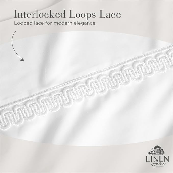 Linen Home 100% Cotton Percale Interlocked Loops Lace Pillowcases King Size, White, 2 Pieces of Pillow Case, Crisp and Cool Strong Bed Linen, 20 inches X 40 inches