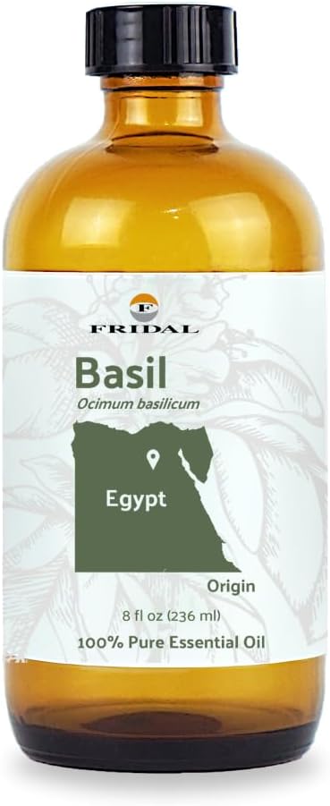 Basil Essential Oil - Direct from Fridal Egypt - Steam Distilled - Aceite de Albahaca for Aromatherapy, Massage, Diffuser, DIY Candle and Soap Making - 8oz