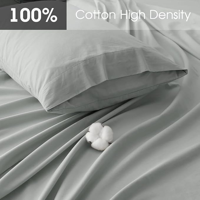 HYPREST Extra Deep Pocket Queen Sheet Sets Fits 18"-24" in Thick Mattress -100% Cotton Queen Sheet Set,Light Grey Sheets Soft Wrinkle Free Cooling Sheet Sets for Queen Bed Deep Pocket
