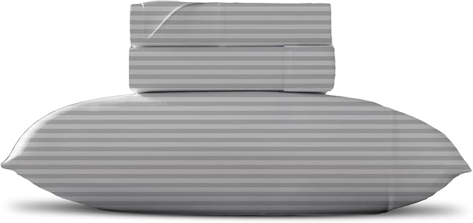 TEXAS LINEN CO. Luxury Egyptian Cotton Twin Size Sheet Set - Texan Talkin' Damask 600 Series 3 PC Deep Pocket Fitted and Flat Sheets, Extra Long Staple Sateen Bedding, Dorm Room Sheets - Silver Stripe
