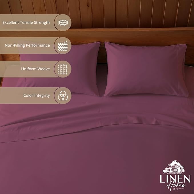 Linen Home 100% Cotton Percale Sheets Queen Size, Damson Berry, Deep Pocket, 4 Pieces Set - 1 Flat, 1 Deep Pocket Fitted Sheet and 2 Pillowcases, Crisp Cool and Strong Bed Linen