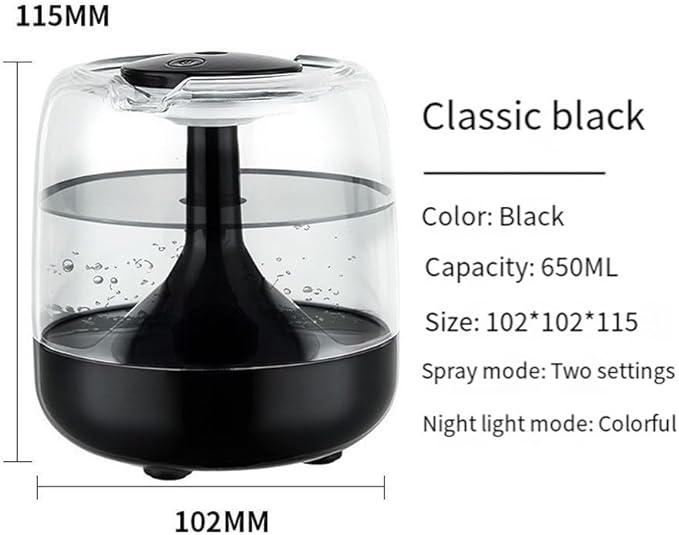 Minhe Quiet USB Humidifier for Bedroom & Office – 650ml Aromatherapy Diffuser with Colorful LED Light, Silent Mist, ABS, 2W Low Power Consumption, 8H Timer(black)
