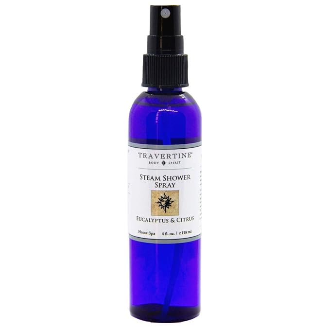 Travertine Spa Steam Shower Spray | Eucalyptus & Citrus | Shower Aromatherapy | Sinus and Congestion Relief | Steam Room Spray | 100% Natural Eucalyptus Oil | 4 oz.