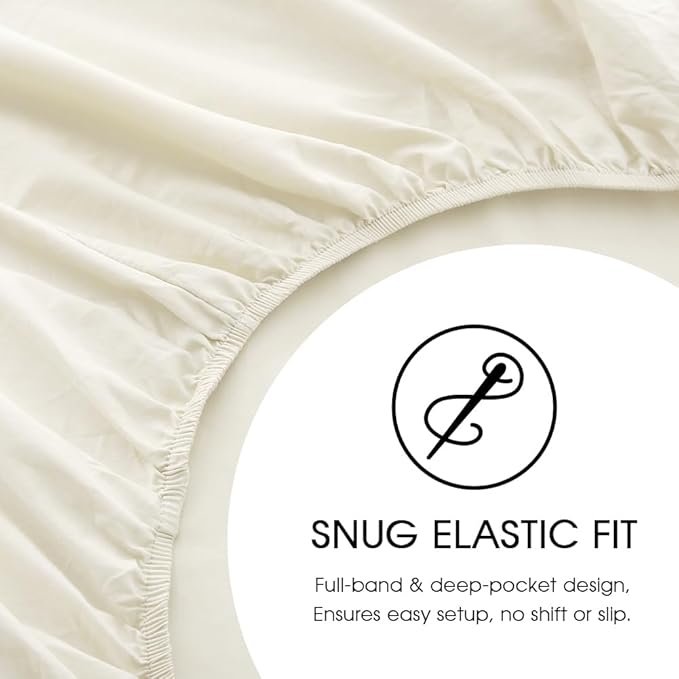 HYPREST 100% Cotton Percale Sheets Queen Size - 18-24 Extra Deep Pocket Bed Sheet Set Queen, Crisp & Breathable Cooling Bedding (Ivory)