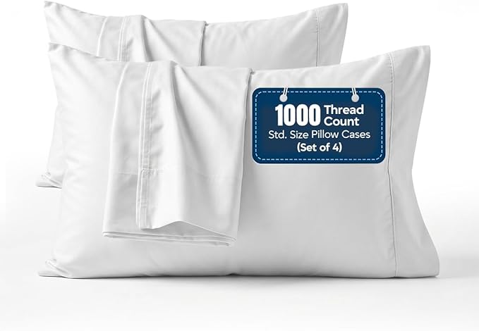 1000 TC Pillowcases Set of 4 100% Egyptian Cotton Pillow Cases with Long Staple Cotton & Sateen Weave, Silky Soft Hotel Like Bed Pillow Covers, Snug Fit (White, 4 Pc Standard/Queen Pillowcases)