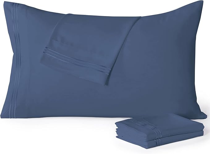 YIYEA King Pillow Cases Set of 4, Ultra Soft 1800TC Hotel Quality Double Brushed Microfiber Embroidered Pillowcases, Envelope Closure, Fade Resistant (20"x36", Denim)
