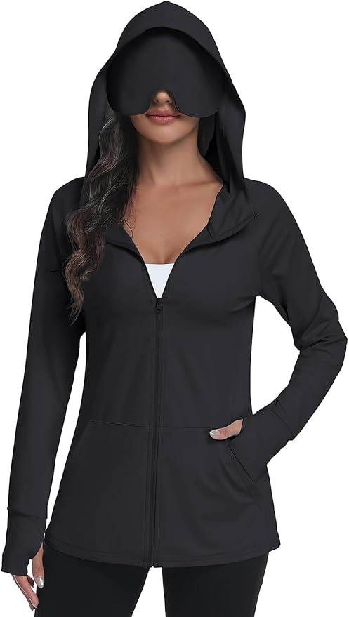 SeSe Code UPF 50+ Hoodie With Eye Mask Womens Zip Up Travel Jackets Sleep Sun Protection Shirts Pockets Outdoor Nap