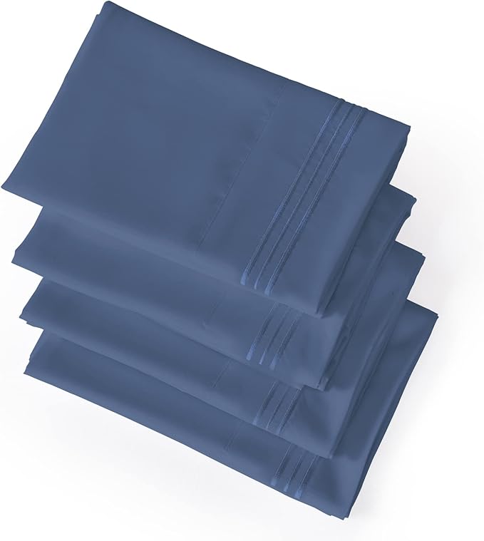 YIYEA Pillow Cases Queen Size Set of 4, Ultra Soft 1800TC Hotel Quality Double Brushed Microfiber Embroidered Pillowcases, Envelope Closure, Fade Resistant (20"x30", Denim)