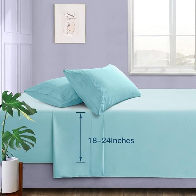 Manyshofu Extra Deep Pocket Full Size Sheets Set - Hotel Luxury 1800 Thread Count Sheets & Pillowcases - Kids Bedding Set up to 24" Mattress - Aqua Blue Bed Sheets 18-24 Inch Deep Pockets - 4 Piece