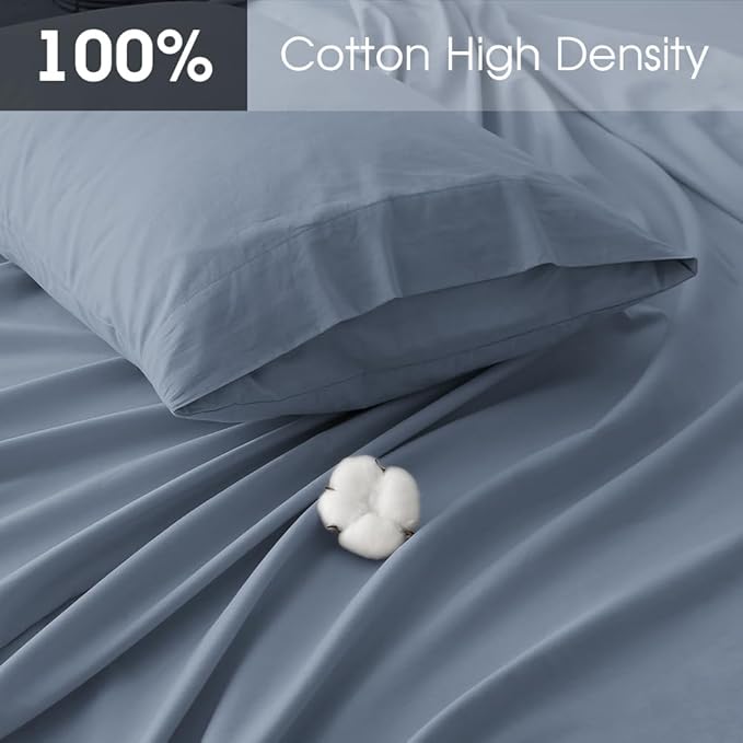 HYPREST 100% Cotton Percale Sheets King Size - 18-24 Extra Deep Pocket Bed Sheet Set King, Crisp & Breathable Cooling Bedding (Dusty Blue, Queen)