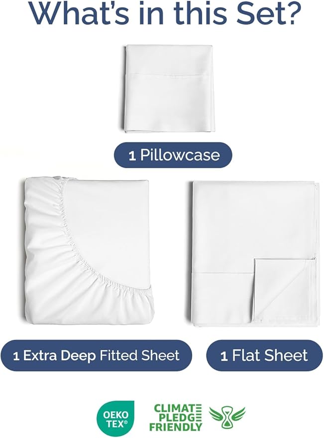 Extra Deep Twin Sheet Set - 3 Piece Breathable & Cooling Bed Sheets - Easily Fits 18 to 24 inch Mattress - Ultra Soft, Wrinkle & Fade Free w/ Extra Deep Pockets - Comfy Hotel Luxury Bedding - White