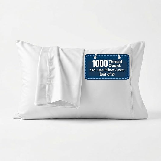 1000 TC White Standard Pillowcases Set of 2 100% Egyptian Cotton Pillow Cases with Long Staple Cotton,Cool & Smooth Pillow Cases