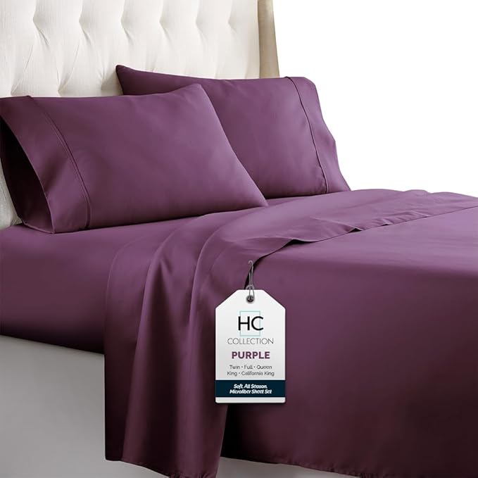 HC Collection California King Sheet Sets, 4 pc Bed Sheets & Pillowcases Set - Machine Washable for Easy Care - Soft & Breathable All Season Microfiber Sheets with Deep Pockets - Purple