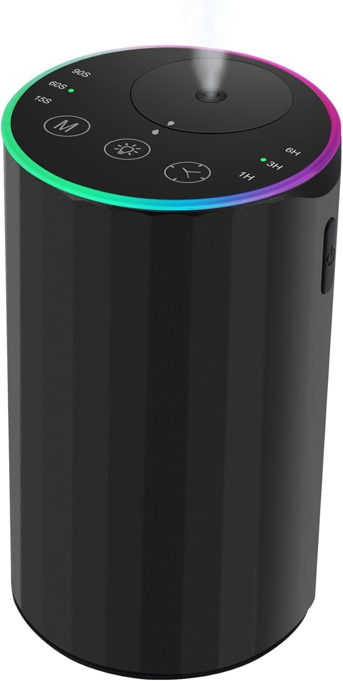 Waterless Essential Oil Diffuser, 7 Colors LED Light, Battery Powered Mini Scent Air Machine, Aromatherapy Mist Diffuser for Home Room Car Office，Black Aluminum Alloy (Black) (Black)