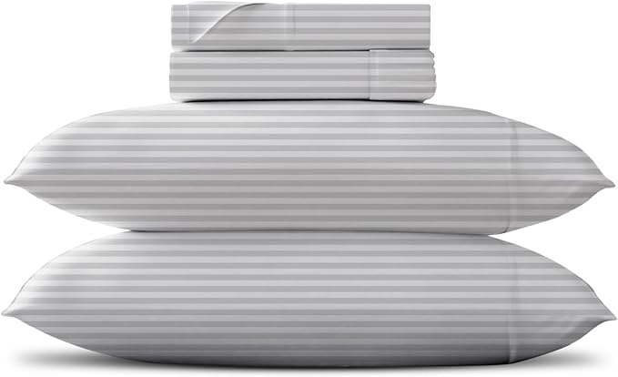 TEXAS LINEN CO. Luxury Egyptian Cotton King Size Sheet Set - Texan Talkin' Damask 600 Series 4 PC Deep Pocket Fitted and Flat Sheets, Cooling Extra Long Staple Sateen Hotel Bedding - White Stripe
