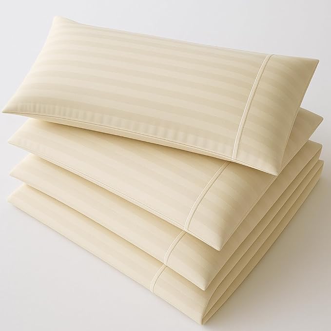 Mattress-Homes Hotel Quality Premium Pillowcases Queen Size Set of 4 Cotton Pillows for Sleeping, Smooth & Silky Cozy Breathable Bed Pillow Covers Machine Washable in Ivory Stripe