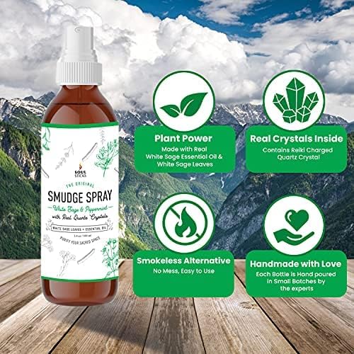 SOUL STICKS Aroma Smudge Kit | Gift Set with Little Smudgies Candles, Smudge Spray, Essential Oil and 2 Selenite Wand in White Gift Box (Peppermint)