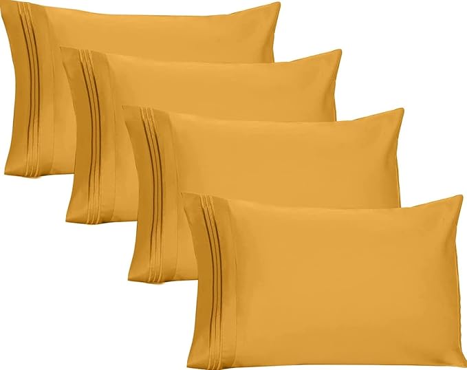 YIYEA Pillow Cases Standard Size Set of 4, Ultra Soft 1800TC Hotel Quality Double Brushed Microfiber Embroidered Pillowcases, Envelope Closure, Fade Resistant (20"x26", Yellow)