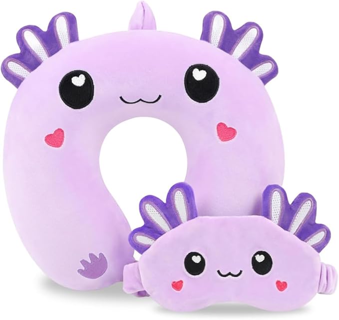 Travel Pillow, Kids Travel Pillow with Sleep Eye Mask Soft Memory Foam Kids Neck Pillow for Boys & Girls, Travel Accessories for Car Airplane Traveling - Purple Axolotl