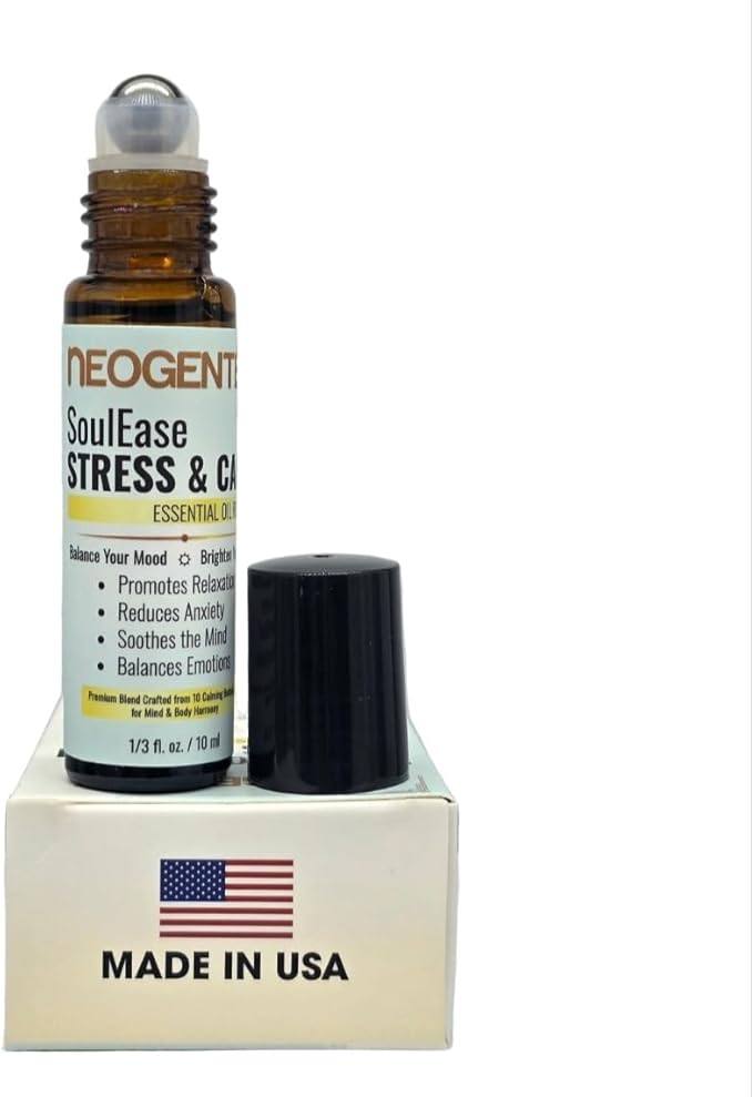SoulEase Stress & Calm Essential Oil Roll On – Made from 10 Premium Calming Botanicals – Soothing Floral • Warm Wood • Gentle Citrus – 100% Natural Oil – Made in USA 10ML (SoulEase Stress & Calm)