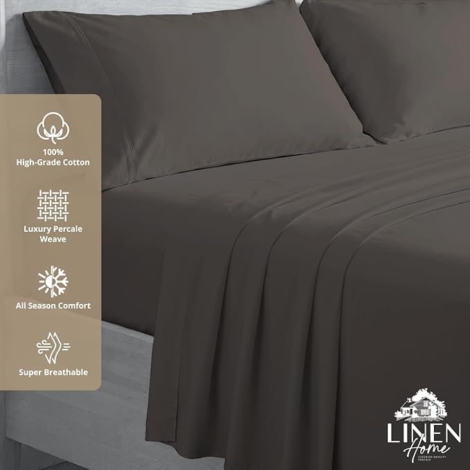 Linen Home 100% Cotton Percale Sheets Full Size, Smoky Charcoal, Deep Pocket, 4 Pieces Set - 1 Flat, 1 Deep Pocket Fitted Sheet and 2 Pillowcases, Crisp Cool and Strong Bed Linen