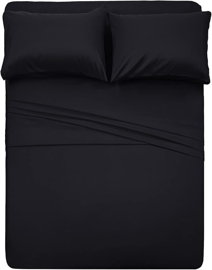 4 Piece Bed Sheet Set (Queen,Black) 1 Flat Sheet,1 Fitted Sheet and 2 Pillow Cases,Brushed Microfiber Luxury Bedding with Deep Pockets