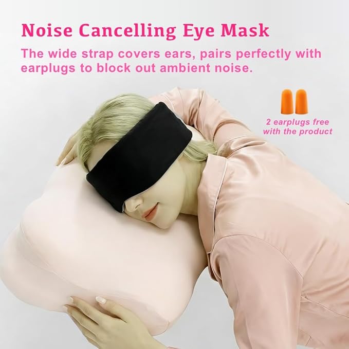 Silent Fastener Wide Sleep Mask with Ear Cover, Dual-Sided Cozy and Silky Eye Mask for Sleep, No Strap Satin Sleeping Eye Mask for Long Hair, Comfortable Eye Mask for Travel
