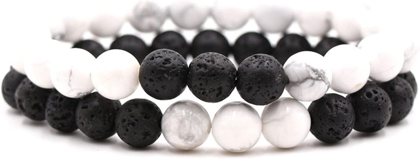 Caiyao 2Pcs Matte Lava Rock Volcanic Stone Beads Stretch Bracelet Stacking Essential Oil Diffuser Tiger Eye Seed Energy Yoga Bracelet for Men Women Couple Stress Relief Healing Aromatherapy Jewelry