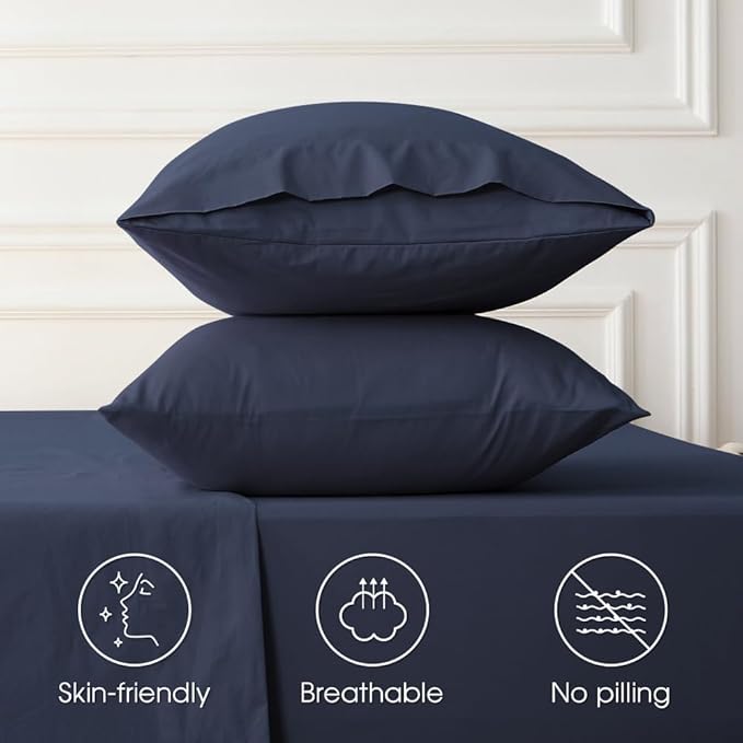 HYPREST Extra Deep Pocket Queen Sheet Sets Fits 18"-24" in Thick Mattress -100% Cotton Queen Sheet Set,Navy Blue Sheets Soft Wrinkle Free Cooling Sheet Sets for Queen Bed Deep Pocket