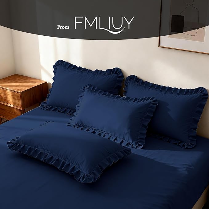 Ruffle Pillow Cases King Size Set of 2 – Soft Wrinkle Resistant Brushed Microfiber Ruffled Pillowcases –Envelope Pillow Shams Cover Festive Gift for Hotels, Guest Rooms 20x36 Inch (Navy Blue)