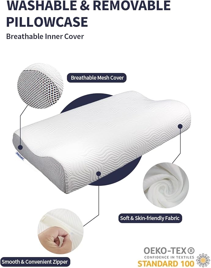 Memory Foam Contour Pillow for Neck Pain Relief, Ergonomic Cervical Pillow with 2 Heights - Orthopedic Support for Side/Back/Stomach Sleepers, Breathable Removable Cover, Queen Size