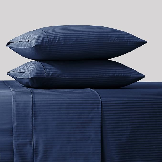 Feather & Stitch 500 TC Twin Size Damask Bed Sheet Set, 100% Cotton Soft Breathable Bedsheets, 3 Piece 18" Deep Pockets Sateen Weave Striped Bedding Mattress Resort Hotel Luxury - (Dark Blue Stripe)