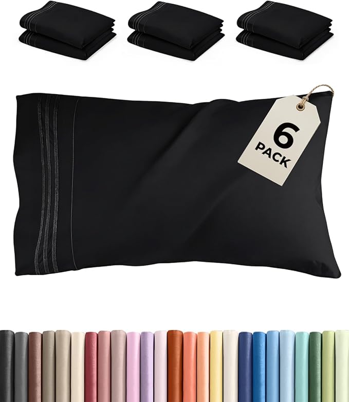 King Pillow Cases Set of 6 - Ultra Soft Hotel Quality Pillowcase Covers - Comfy & Wrinkle Free - Shrink, Stain and Fade Resistant - Easy-Care, Machine Washable Pillow Protectors - 6 Piece Set - Black