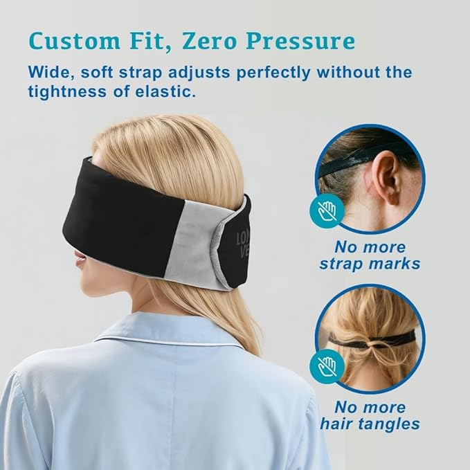 Silent Fastener Wide Sleep Mask with Ear Cover, Dual-Sided Cozy and Silky Eye Mask for Sleep, No Strap Satin Sleeping Eye Mask for Long Hair, Comfortable Eye Mask for Travel