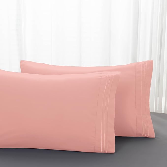 Mocassi 2-Piece Premium Standard/Queen Pillowcase Set 1800 Series Hotel Quality Microfiber - Soft and Breathable with 3-Line Embroidery Wrinkle and Stain Resistant, Easy Care, 20" x 30", Peach Pink