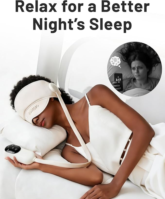 Sleep Mask with Heat,4 Modes 3 Temperature Settings,6 Airbags Compression Head and Eye Massager,Eye Care Device with Remote Control, Portable Relaxation for Home Travel Office Use (Creamy White)