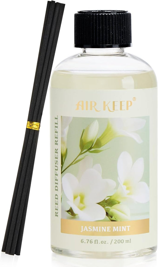 Airkeep Reed Diffuser Oil Refill with Diffuser Sticks, 6.76 Fl Oz(200ml) Jasmine Mint Scented Oils, Aroma Therapy, Home Fragrance & Air Freshener, Office Décor, Decoration