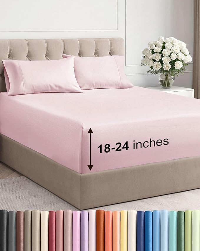 Extra Deep Cal King Sheet Set - 4 Piece Breathable & Cooling Bed Sheets - Easily Fits 18 to 24 inch Mattress - Soft, Wrinkle & Fade Free w/ Extra Deep Pockets - Hotel Luxury Bedding - Lavender Pink