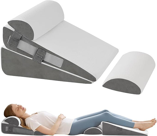 4Pcs Wedge Pillow Set for After Surgery,Acid Reflux Relief, Adjustable Bed Wedge Pillows for Sleeping,Anti Snore, Memory Foam Triangle Pillow for Back&Neck&Shoulder Pain Relief, White&Grey