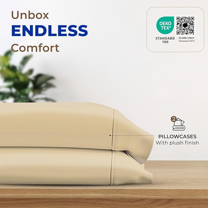 Thread Spread 100% Egyptian Cotton King Size Pillow Cases Set of 2 - Luxury 1000 Series Paradise Collection Pillow Cases King Size (Sand), Soft Cooling Hotel Egyptian Cotton Pillowcases