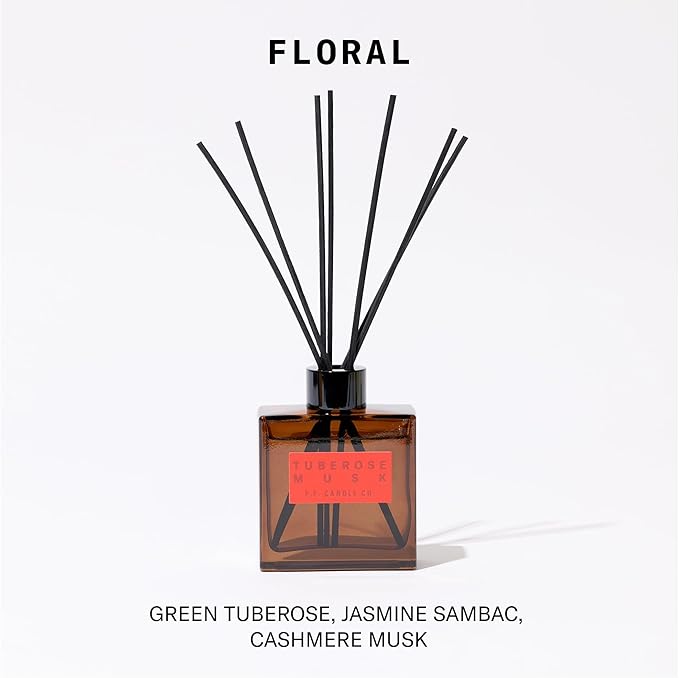 P.F. Candle Co. Tuberose Musk Premium Scented Reed Diffusers (4 fl oz) Luxury Cocoa Brown Glass Jar, Fine Fragrance Oil, Long-Lasting Flame-Free Scent